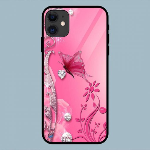 Pink Flowers Butterfly iPhone 11 Glass Back Cover
