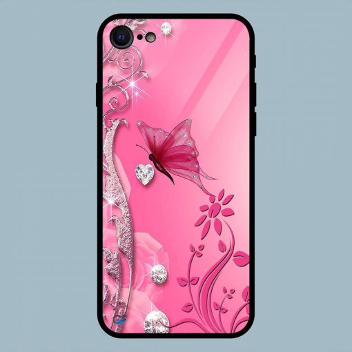 Pink Flowers Butterfly iPhone 7 Glass Back Cover